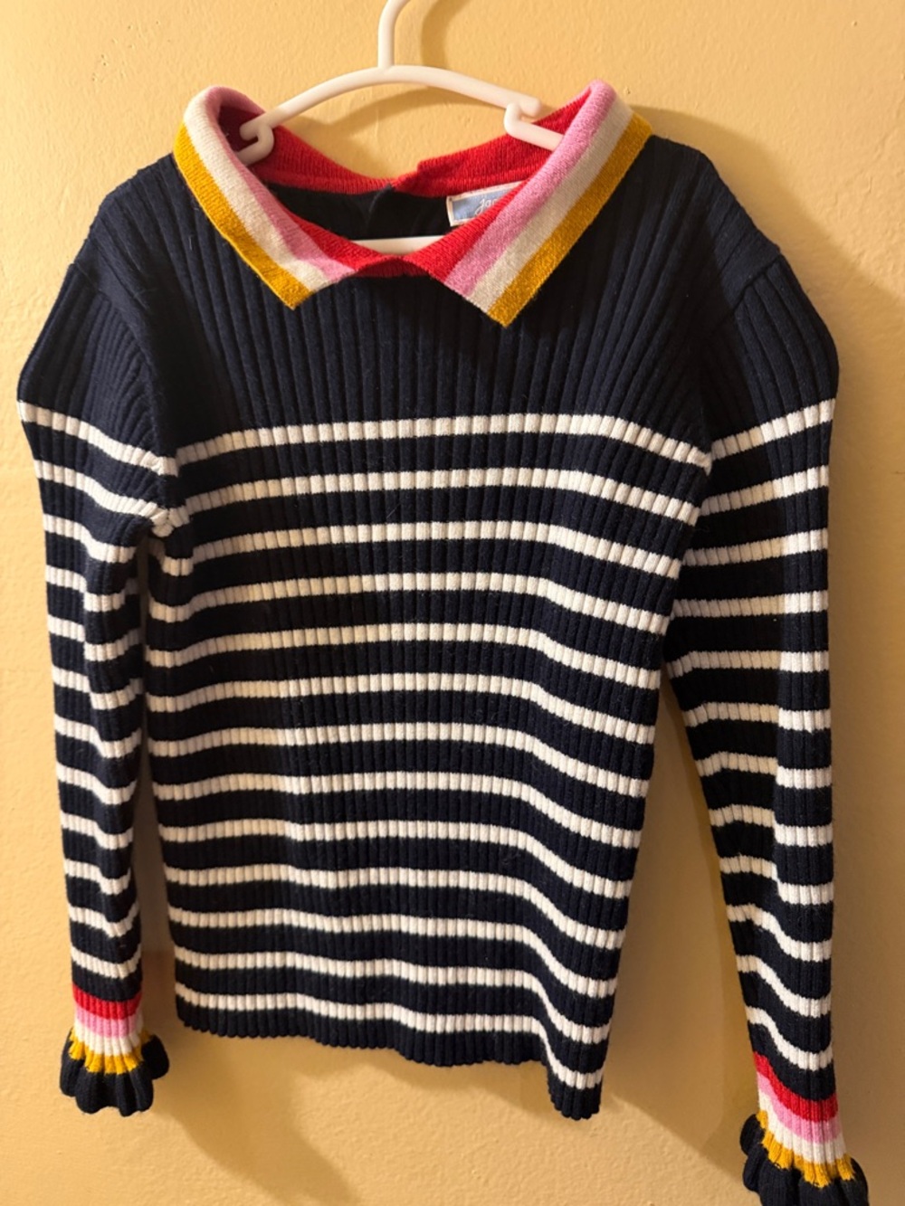Jacadi Navy and White Striped Ribbed Sweater with Multi-Color Trim